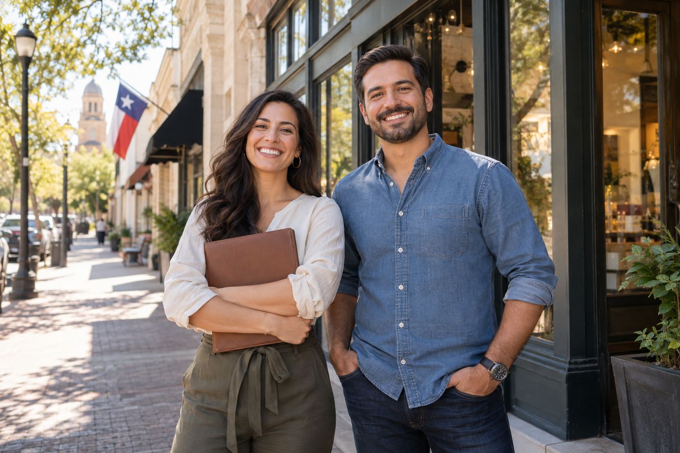 Two business owners opening their new storefront