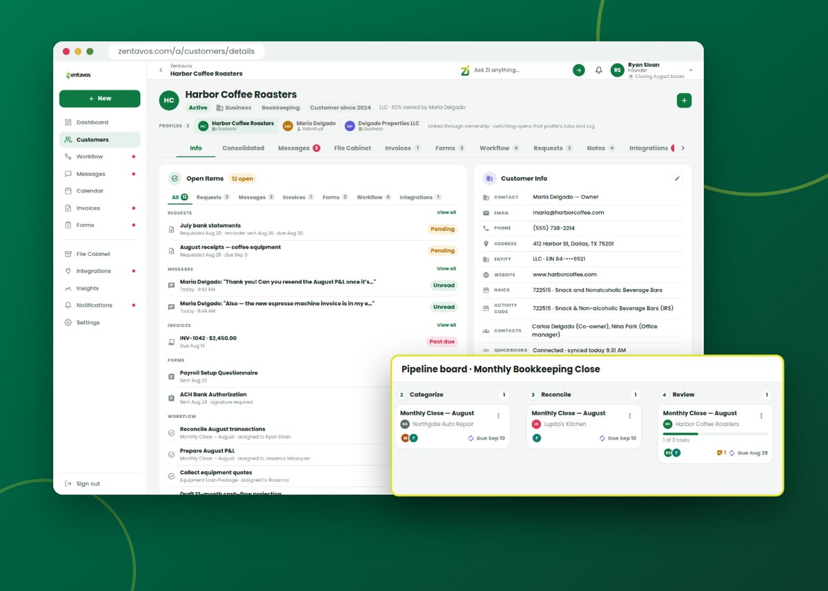 The Zentavos CRM customer record for Harbor Coffee Roasters with a pipeline board of monthly bookkeeping projects.