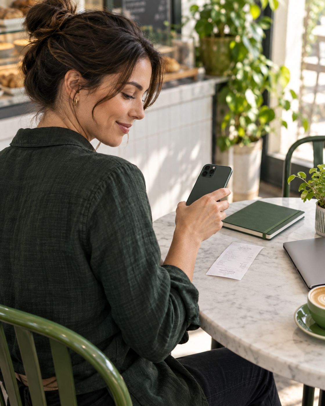 Small business owner using a phone to capture a receipt at a café table.