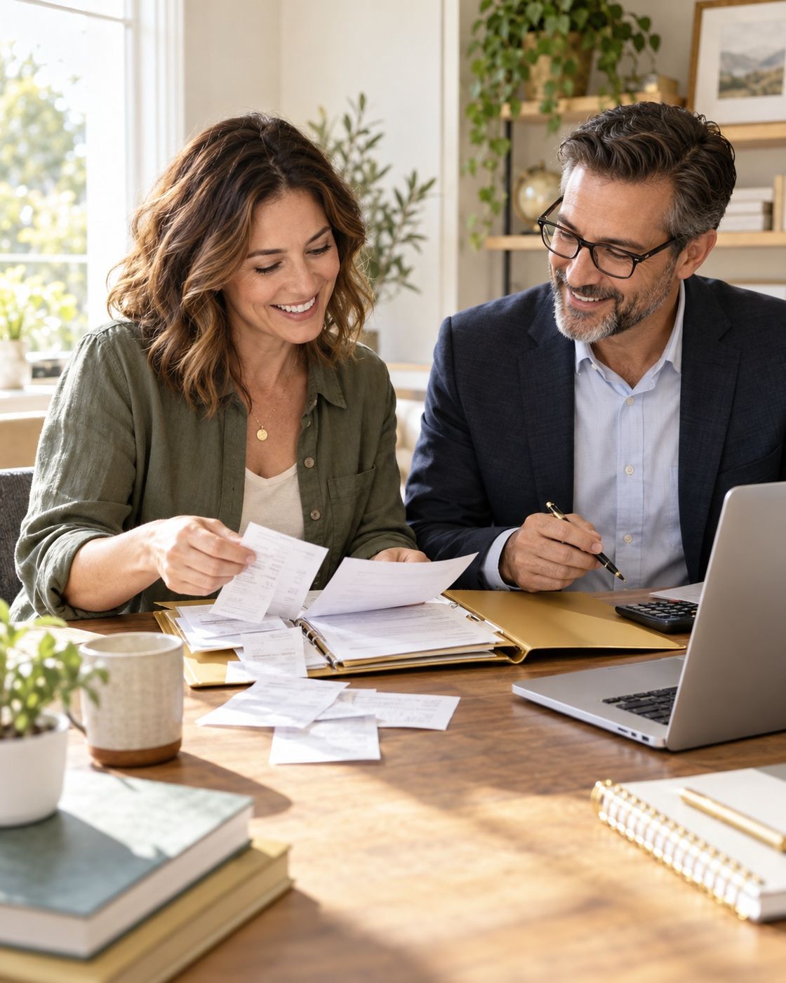 Small business owner and tax professional reviewing documents together.